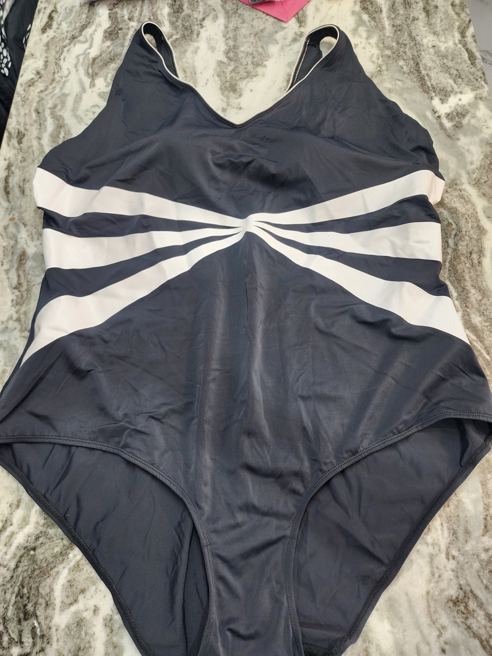 Roaman's Black and White V-Neck One-Piece Swimsuit with Sculpted Stripe Detail